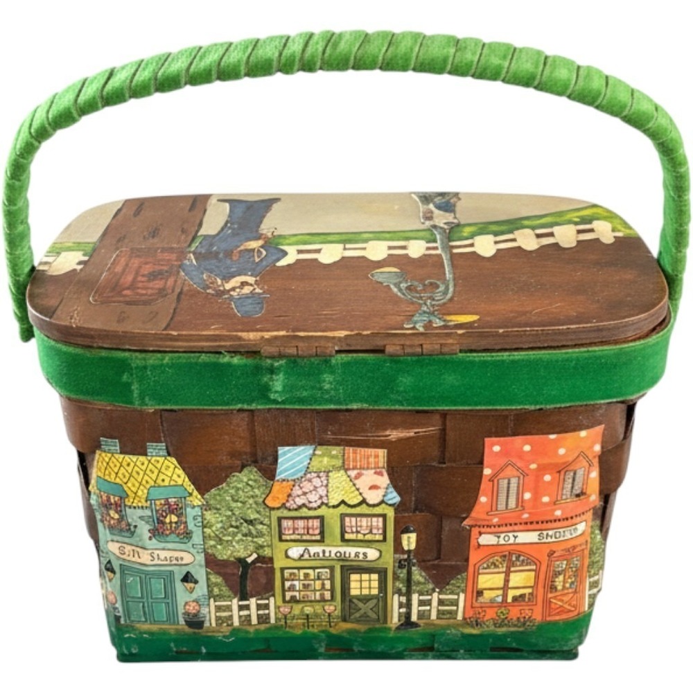 Vintage Caro Nan Hand Painted Village Scene Wood Basket Purse Green Velvet Trim